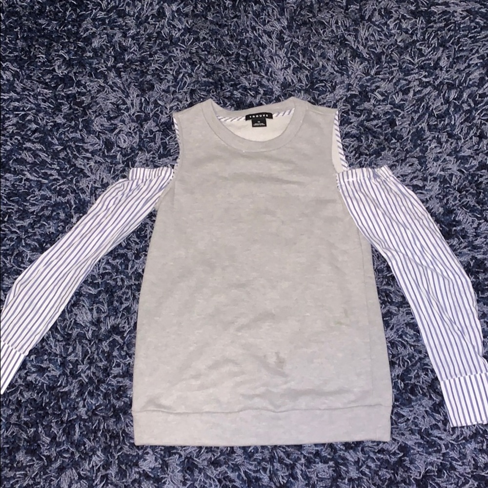 Grey off the shoulder top with striped sleeves
